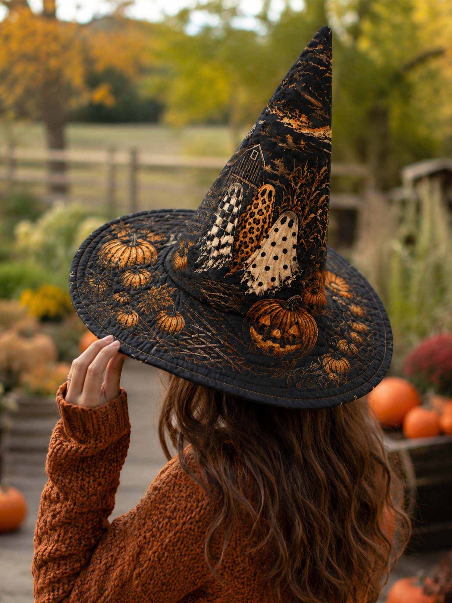 Gothic Halloween Haunted Pumpkin Handcrafted Quilted Witch Hat