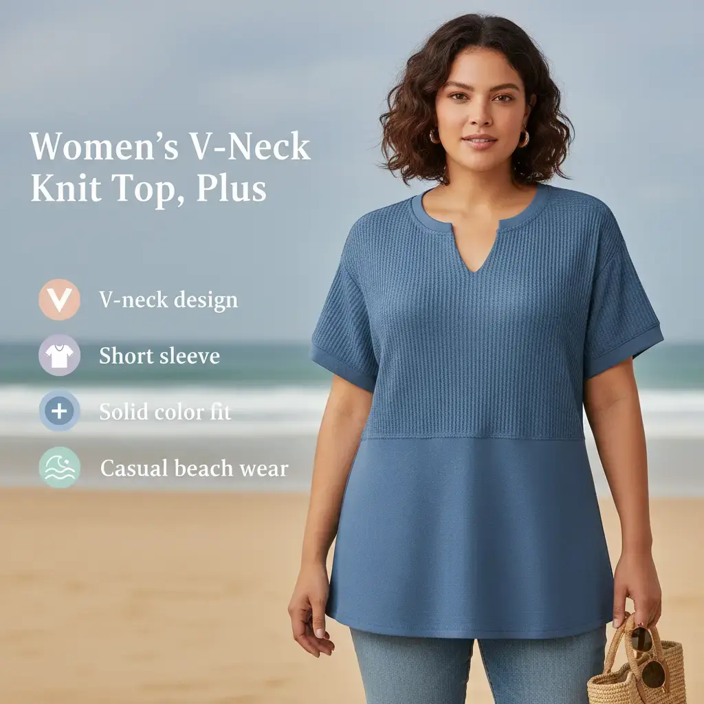 SHEWIN Cozy Oversized Waffle Knit V-Neck Top - Plus Size