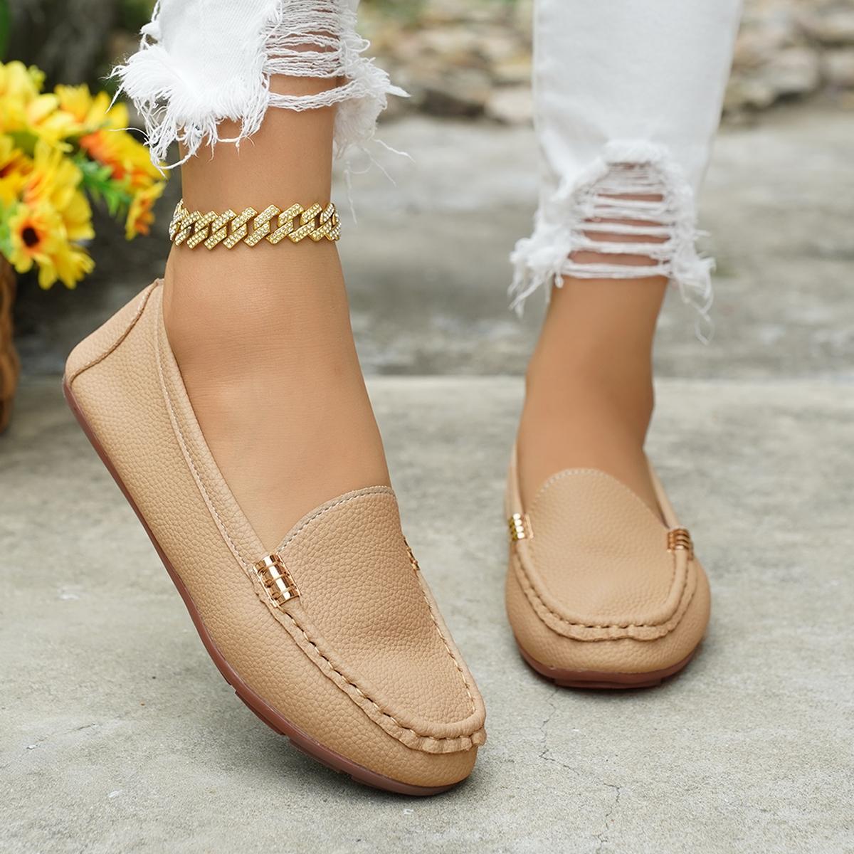 Women's Classic Plain Low Heel Shoes, Fashionable and Sexy, High-End Slanted Metal Chain Decoration, Comfortable Casual Footwear, Everyday Wear Footwear
