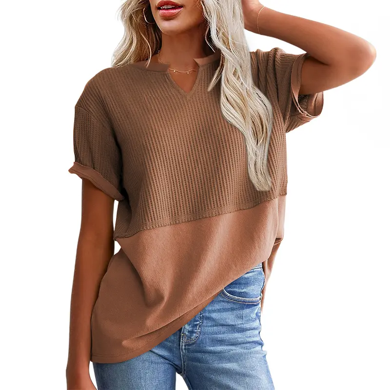 SHEWIN Cozy Oversized Waffle Knit V-Neck Top - Plus Size