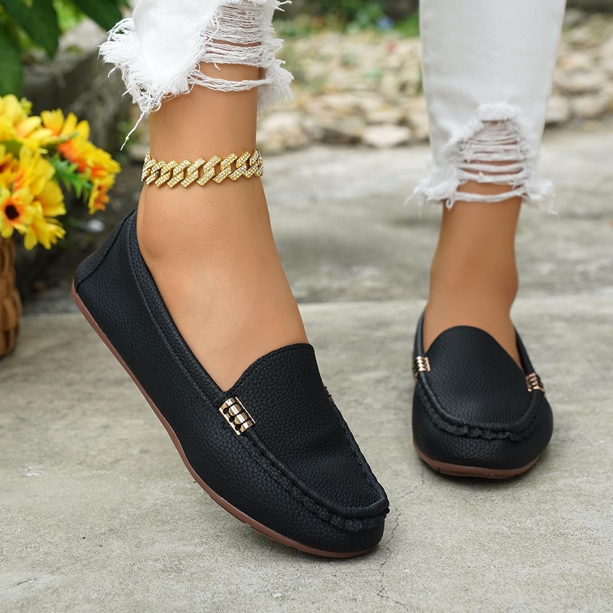 Women's Classic Plain Low Heel Shoes, Fashionable and Sexy, High-End Slanted Metal Chain Decoration, Comfortable Casual Footwear, Everyday Wear Footwear