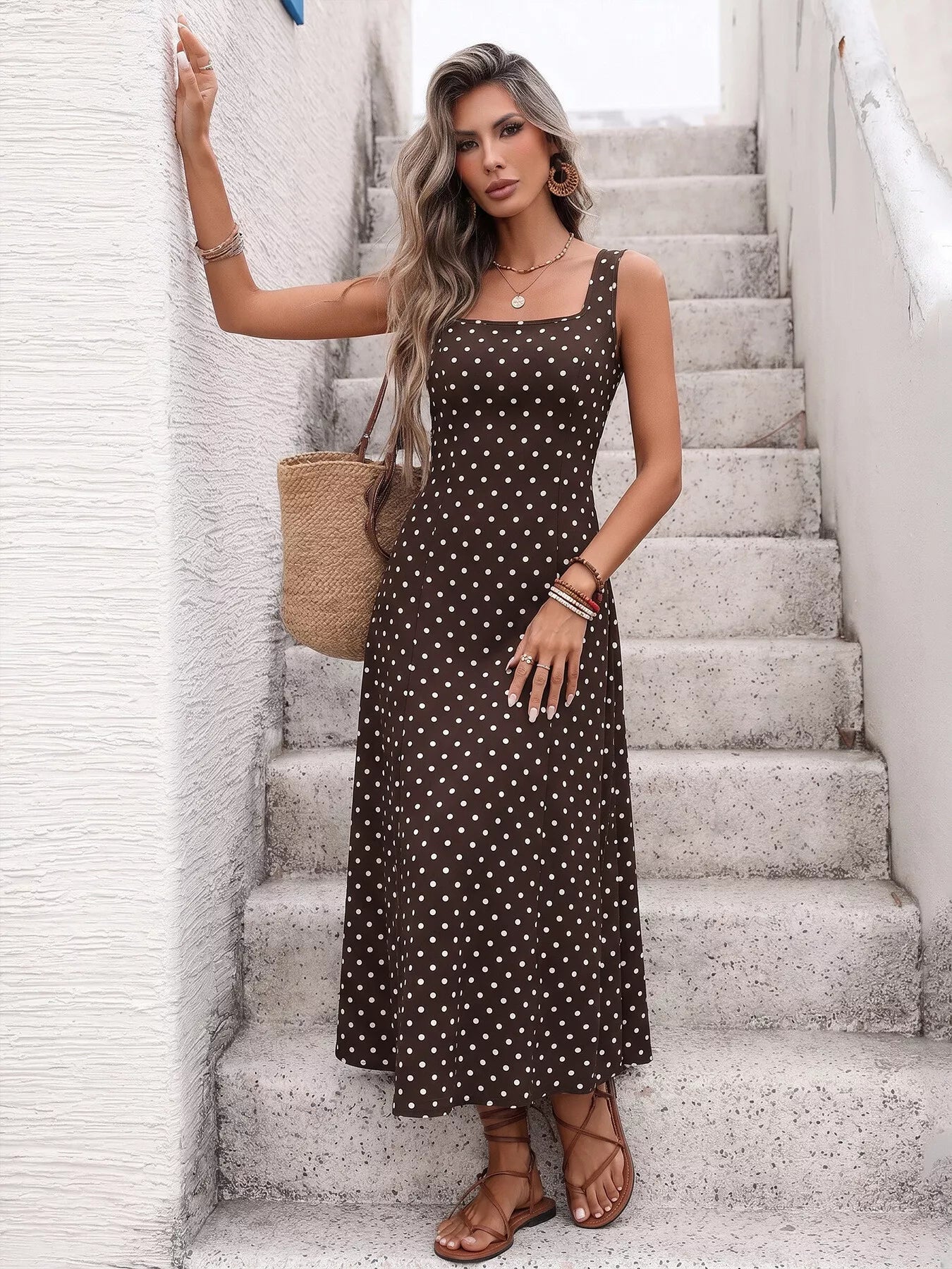 Coffee Brown Polka Dot Sleeveless Maxi Dress | Flowy Summer Vacation Long Dress
