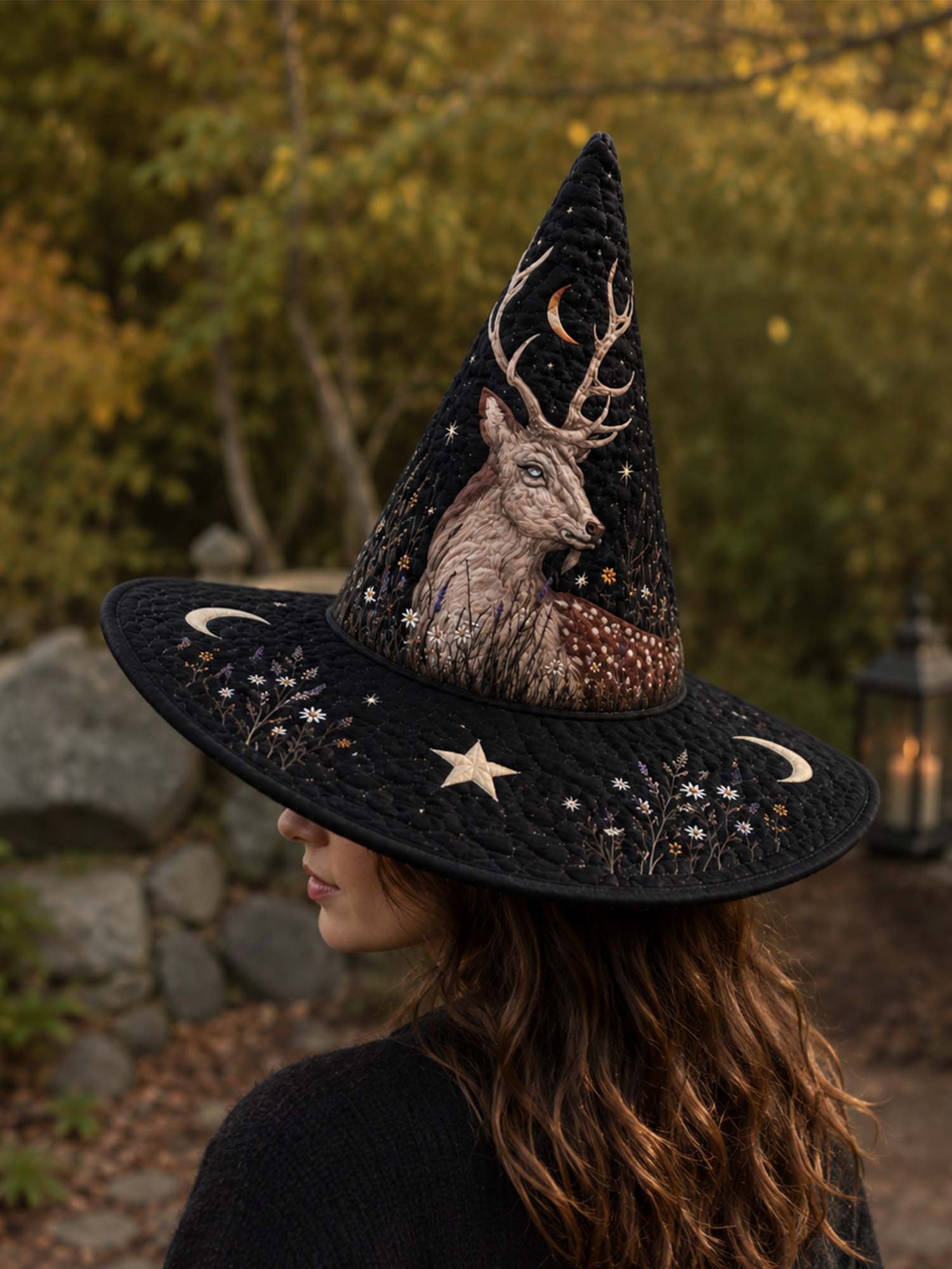 Mystical Deer Gothic Handcrafted Quilted Witch Hat