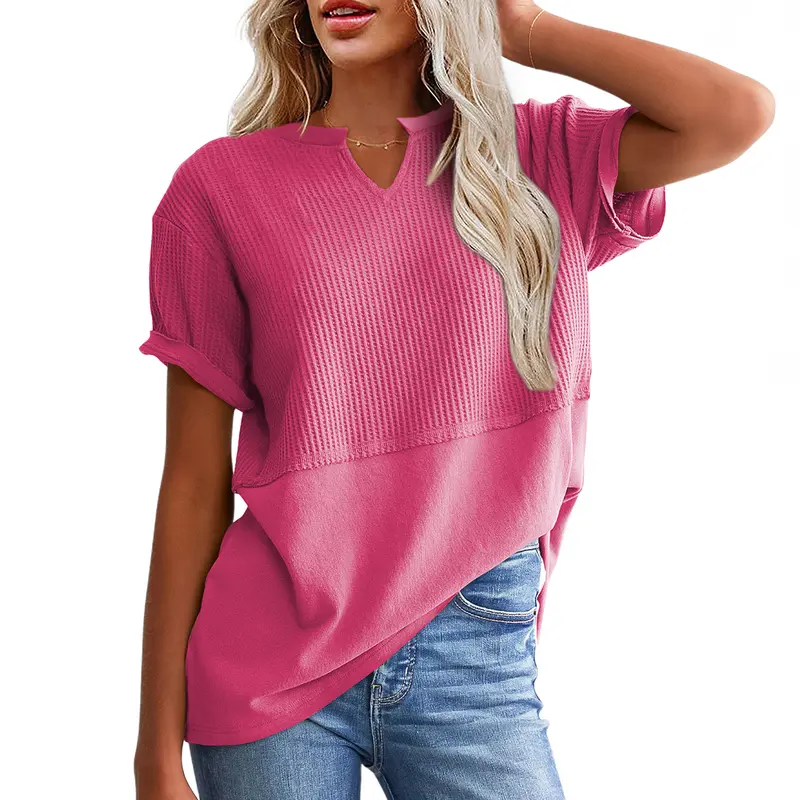 SHEWIN Cozy Oversized Waffle Knit V-Neck Top - Plus Size