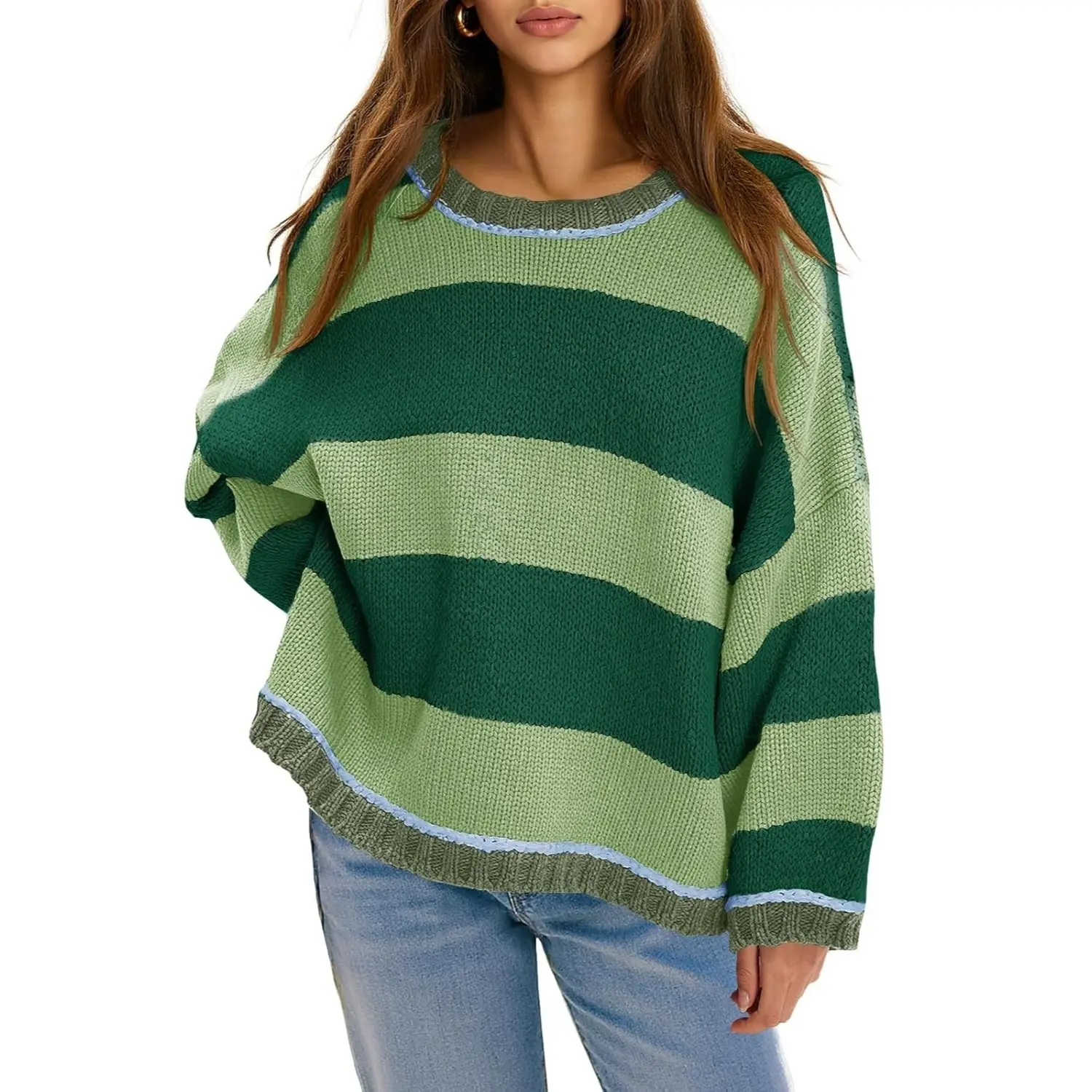 FISOEW Womens Oversized Color Block Sweater - Casual Pullover