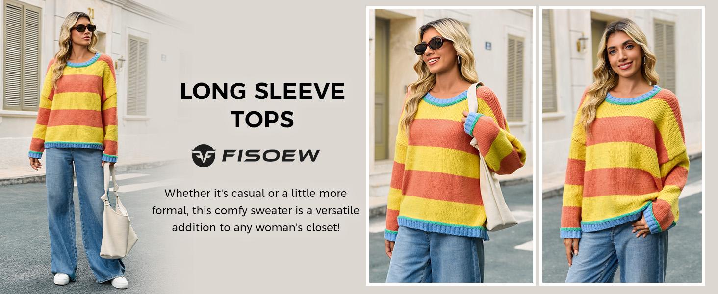 FISOEW Womens Oversized Sweaters Casual Long Sleeve Color Block Crewneck Knitted Loose Fall Pullover Tops Womenswear Knitwear Fit Comfy #TikTokShopHolidayHaul Soft Overall Everyday