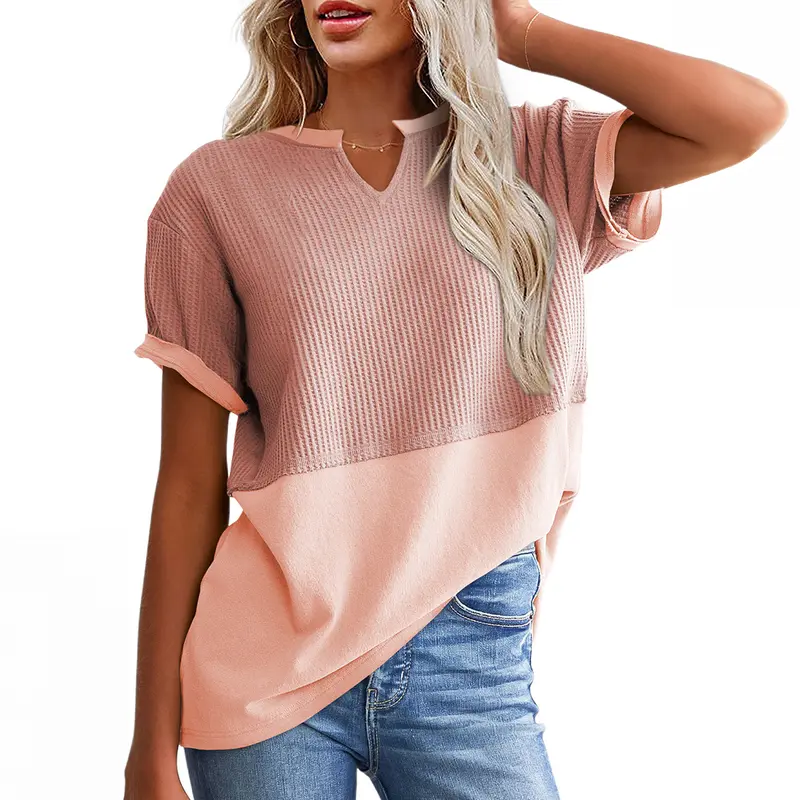 SHEWIN Cozy Oversized Waffle Knit V-Neck Top - Plus Size