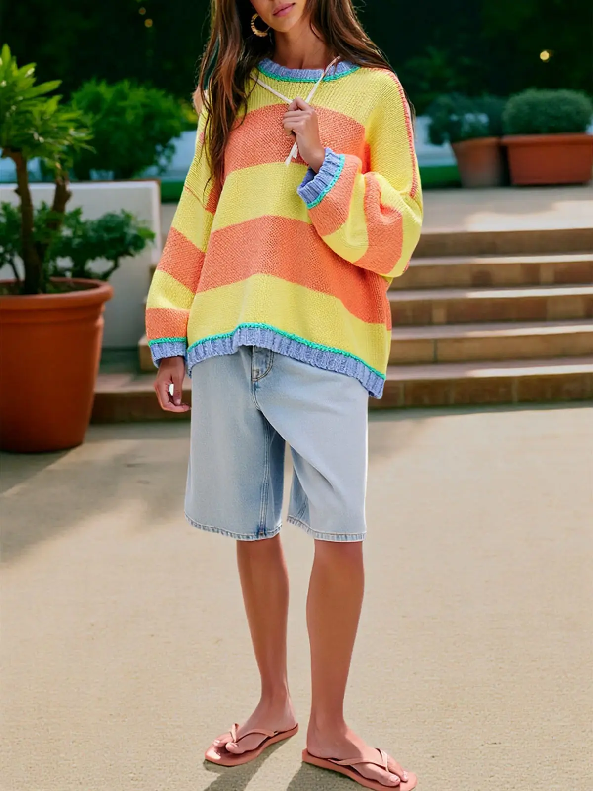 FISOEW Womens Oversized Color Block Sweater - Casual Pullover
