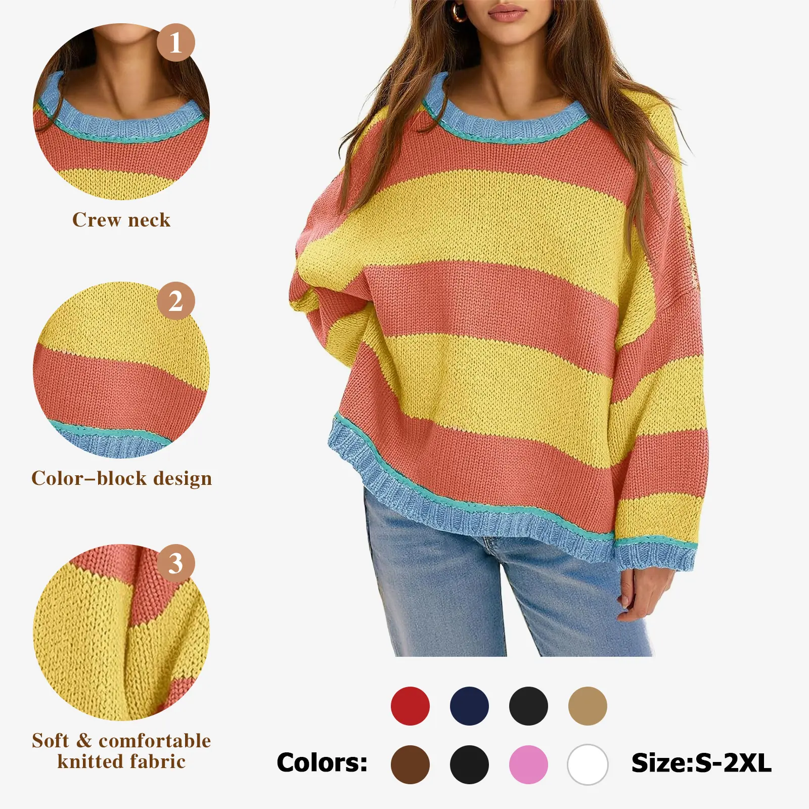 FISOEW Womens Oversized Color Block Sweater - Casual Pullover