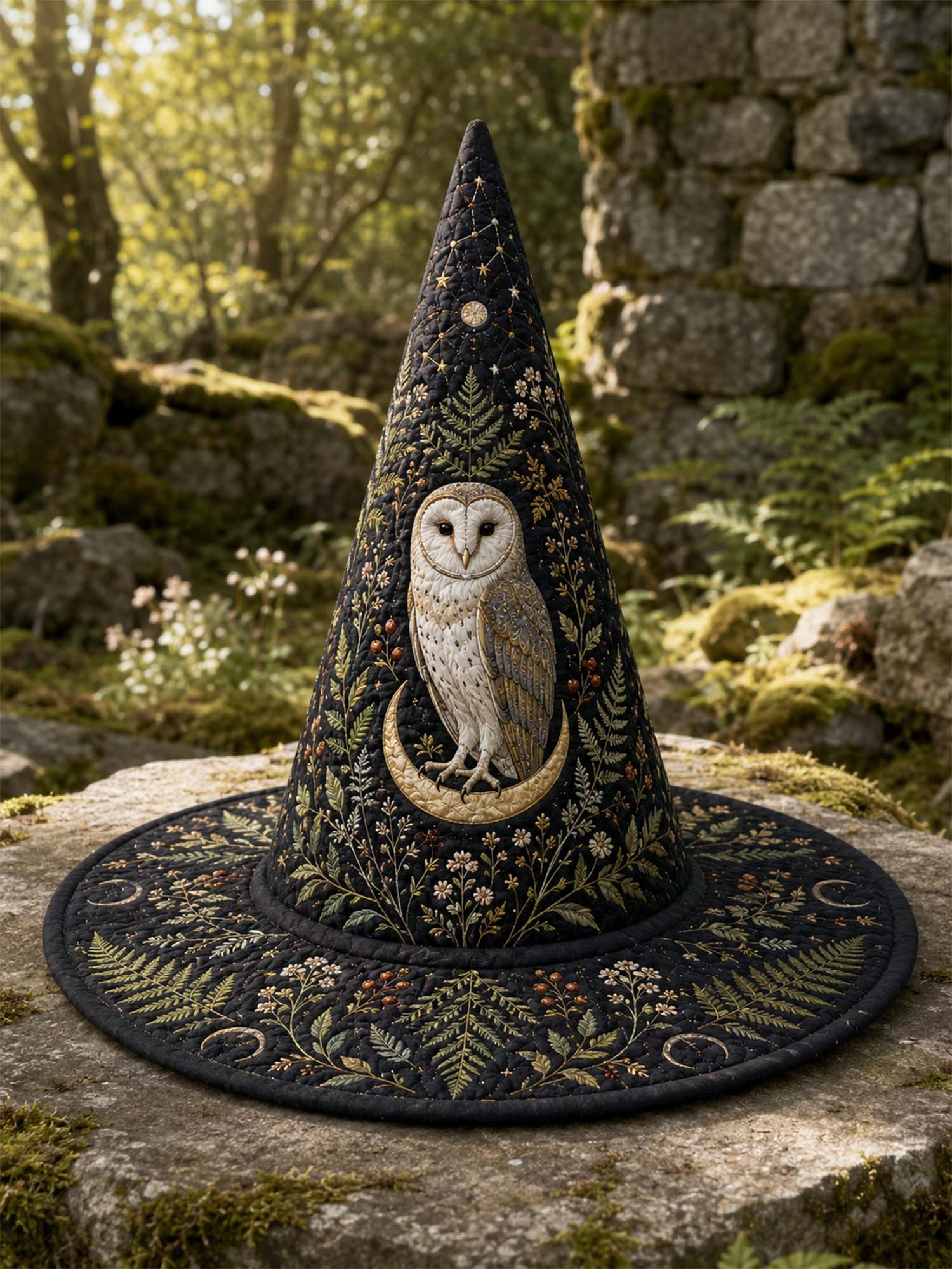 Moonlit Owl Dark Forest Gothic Handcrafted Quilted Witch Hat