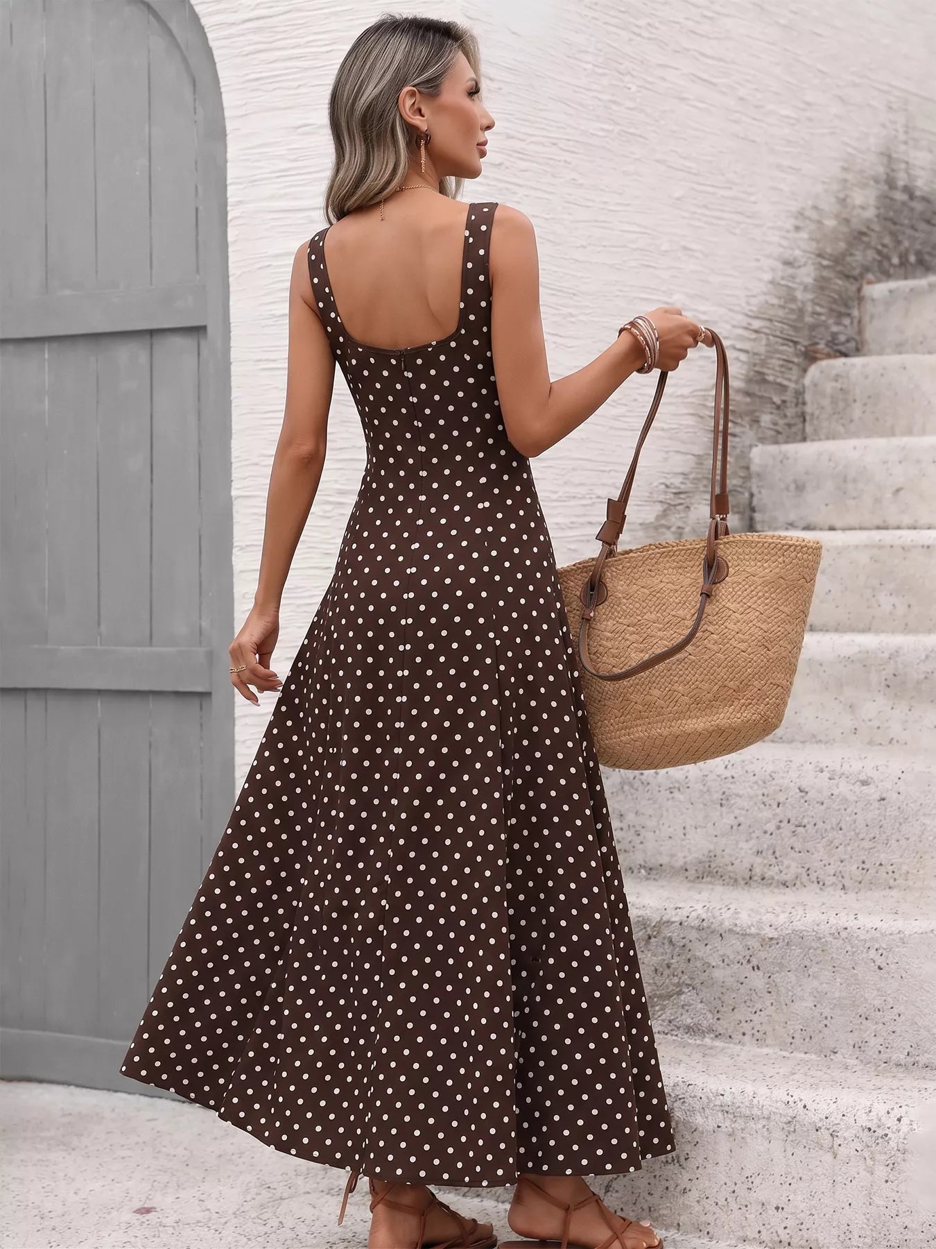 Coffee Brown Polka Dot Sleeveless Maxi Dress | Flowy Summer Vacation Long Dress