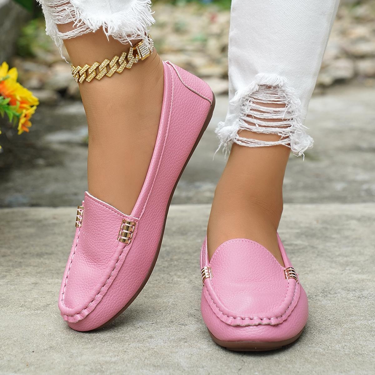 Women's Classic Plain Low Heel Shoes, Fashionable and Sexy, High-End Slanted Metal Chain Decoration, Comfortable Casual Footwear, Everyday Wear Footwear
