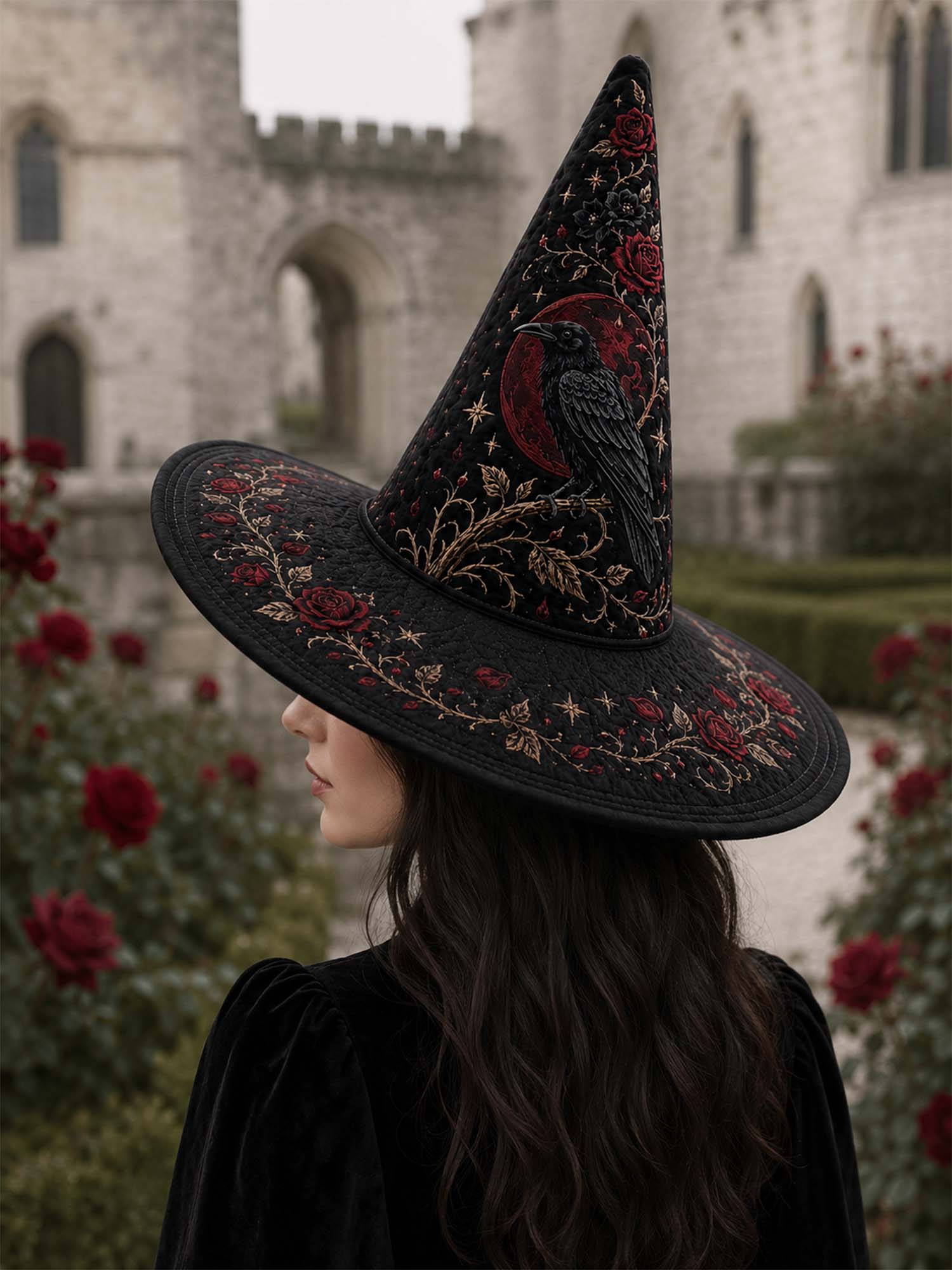 Black Rose Raven Victorian Gothic Handcrafted Quilted Witch Hat