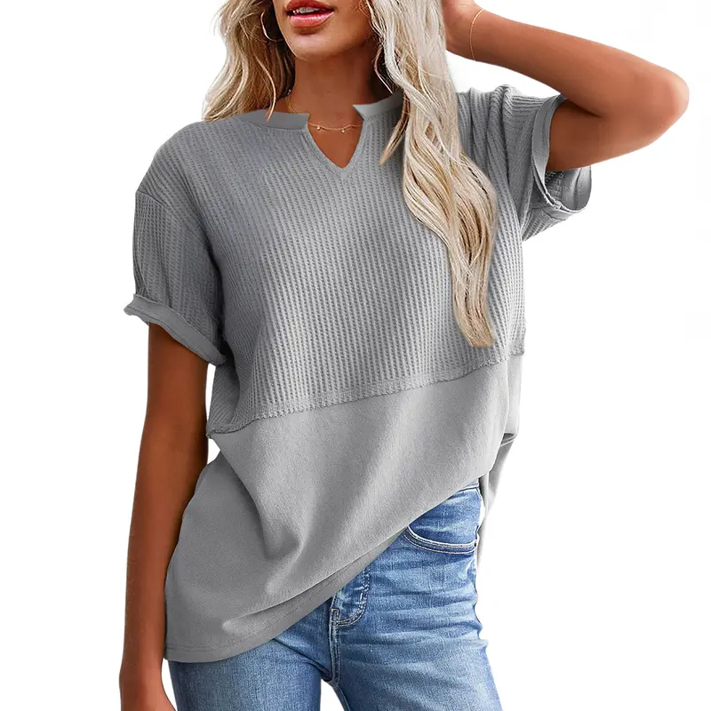 SHEWIN Cozy Oversized Waffle Knit V-Neck Top - Plus Size