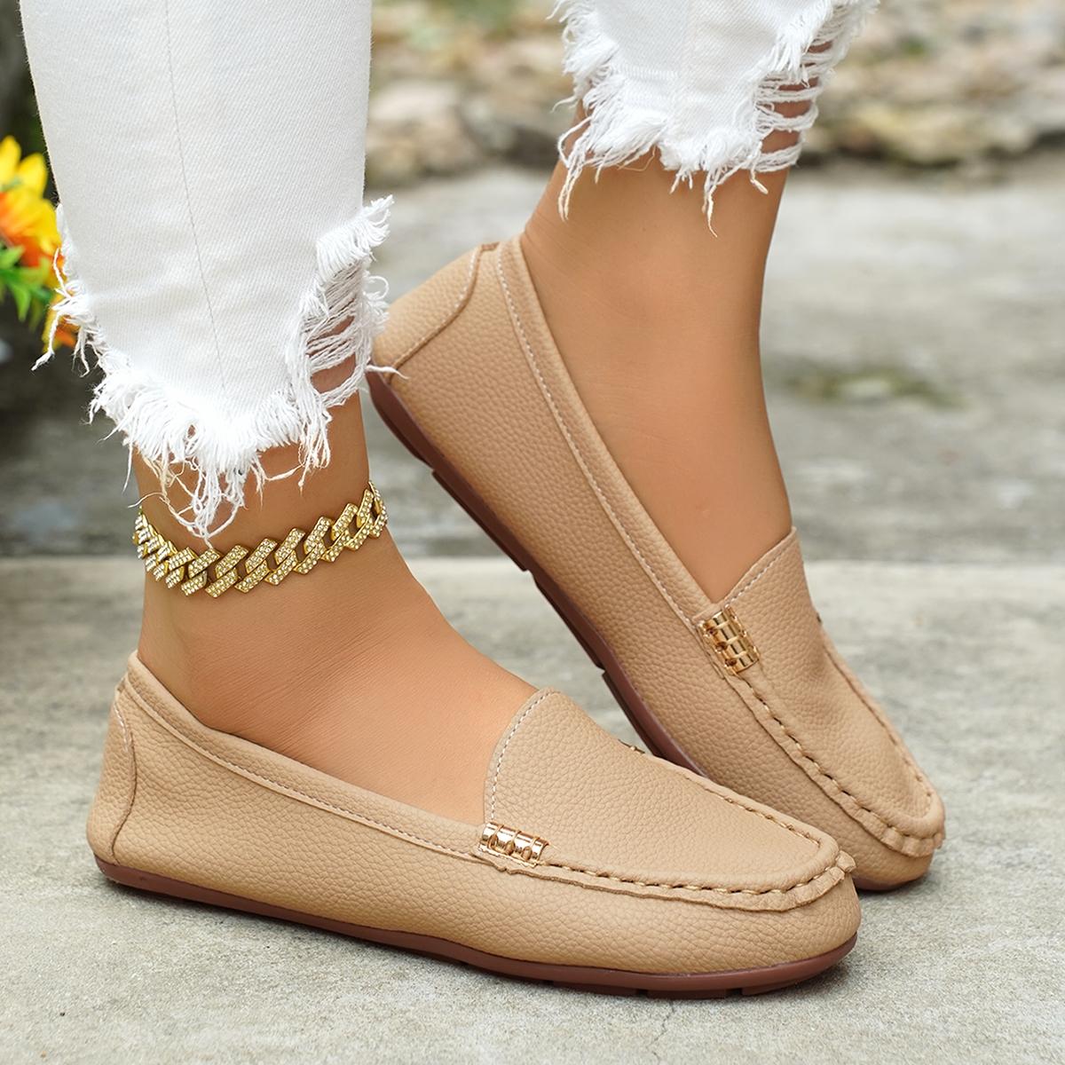 Women's Classic Plain Low Heel Shoes, Fashionable and Sexy, High-End Slanted Metal Chain Decoration, Comfortable Casual Footwear, Everyday Wear Footwear