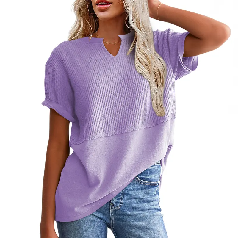 SHEWIN Cozy Oversized Waffle Knit V-Neck Top - Plus Size