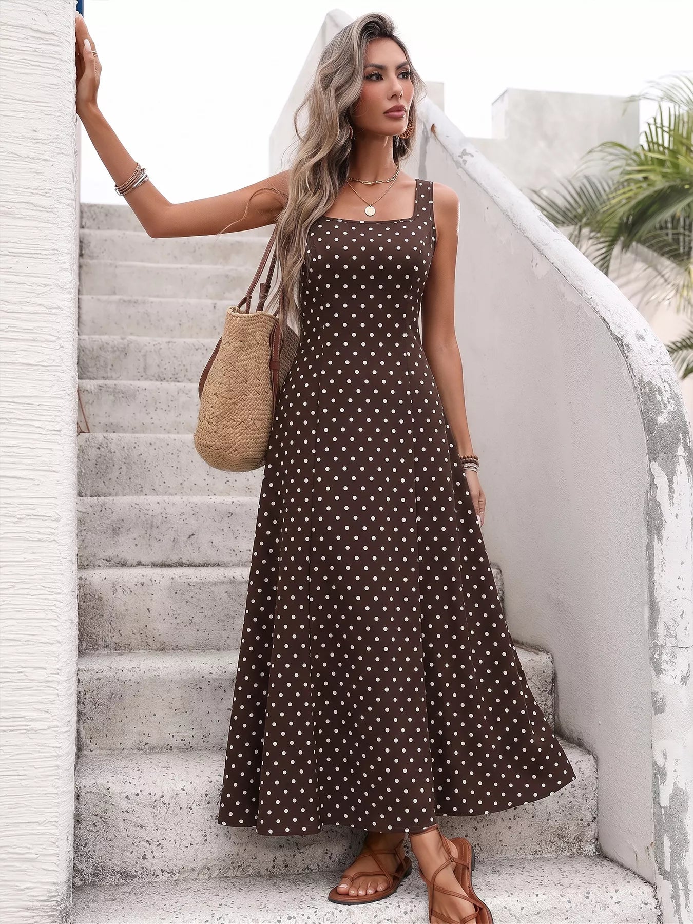 Coffee Brown Polka Dot Sleeveless Maxi Dress | Flowy Summer Vacation Long Dress