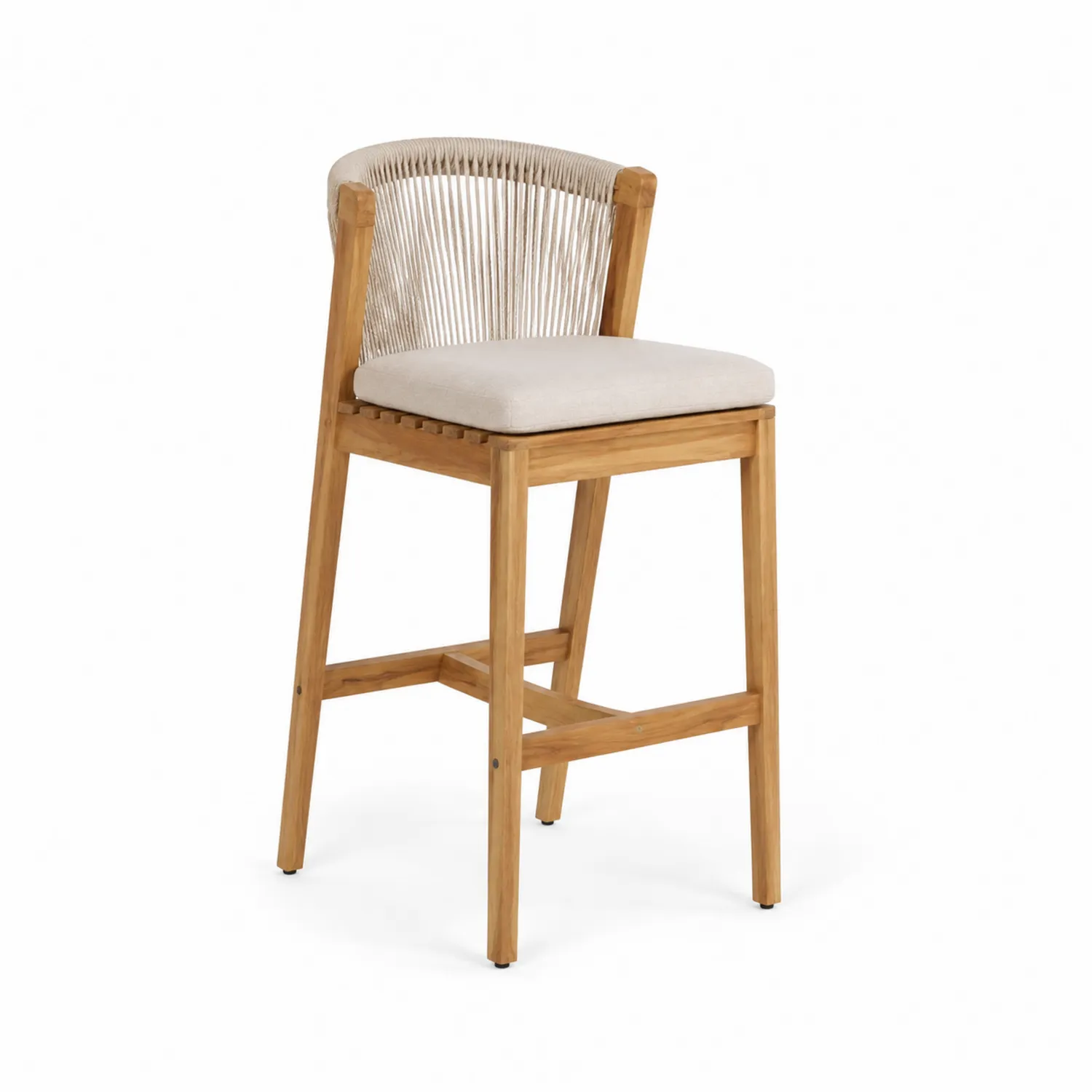 Krzesło teakowe z plecionym oparciem i beżowym siedziskiem