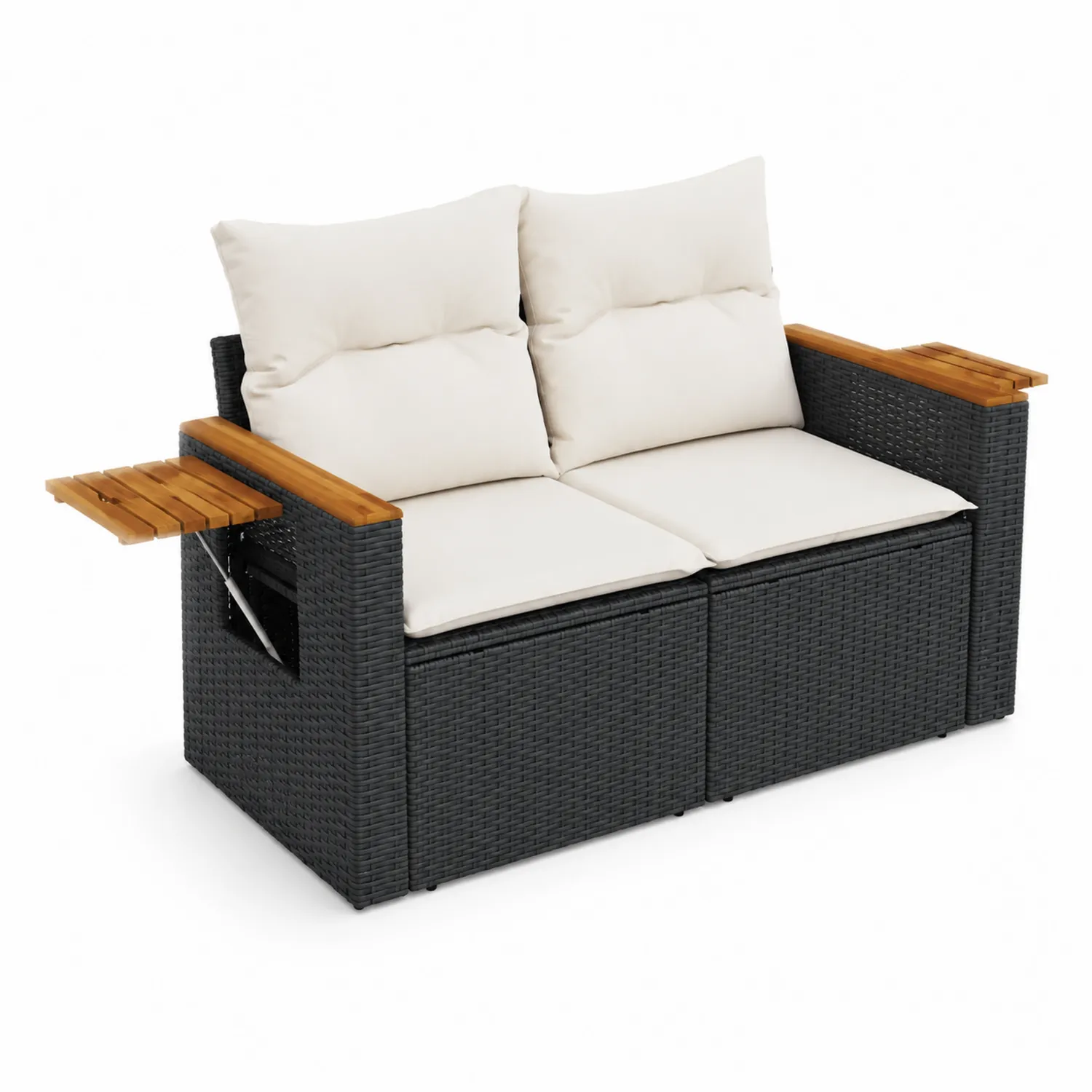 Sofa modułowa z technorattanu z drewnianymi półkami i kremowymi poduszkami