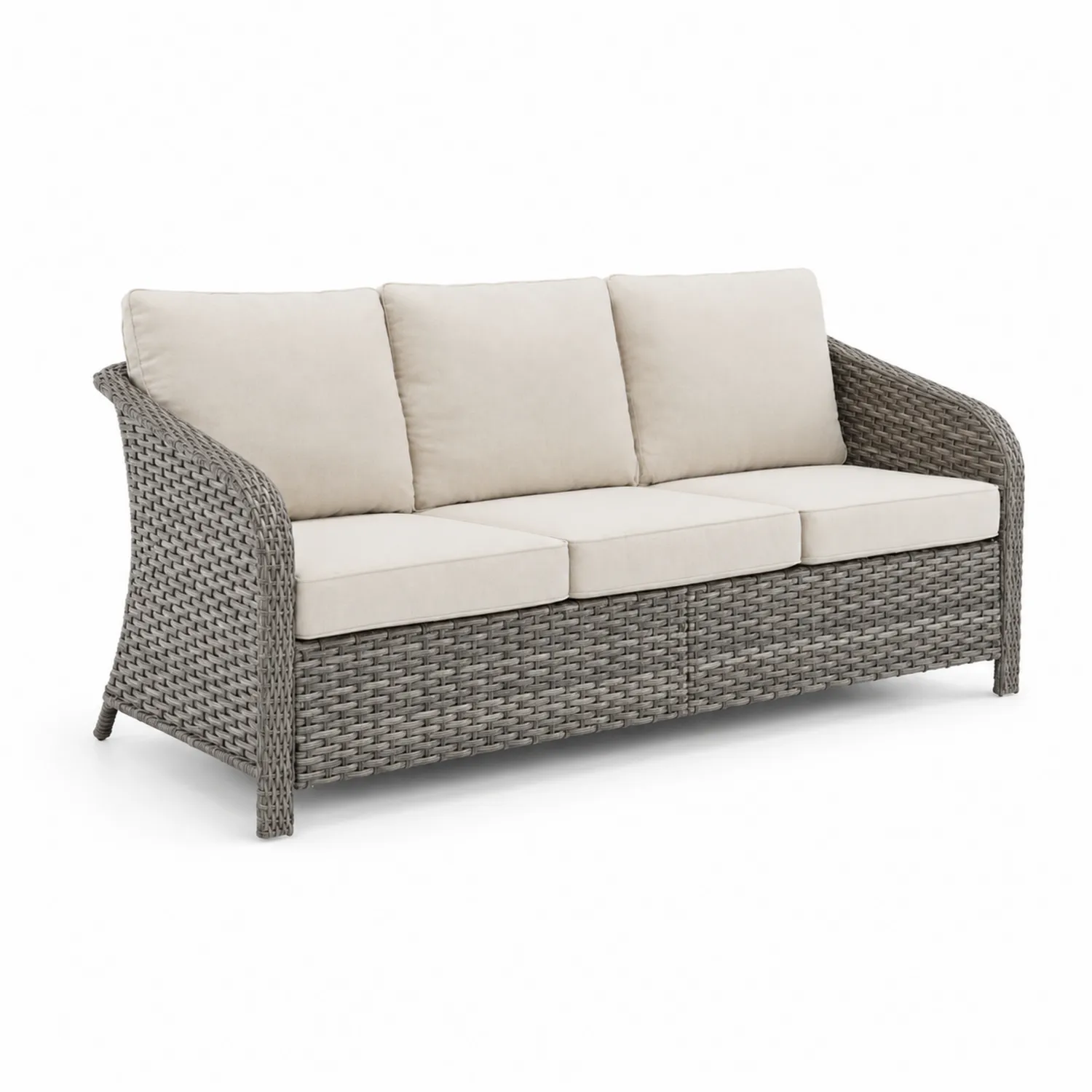 Sofa z technorattanu z beżowymi poduszkami