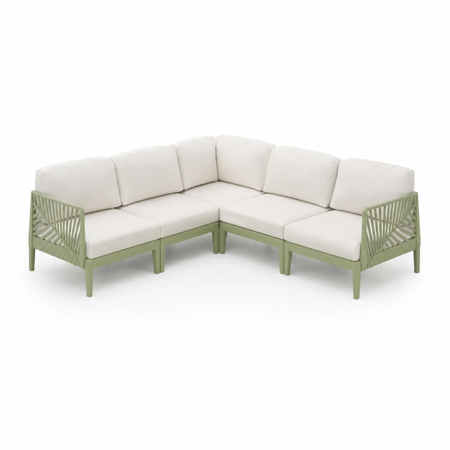 Aluminiowa modułowa sofa narożna z poduszkami, kremowa i zielona