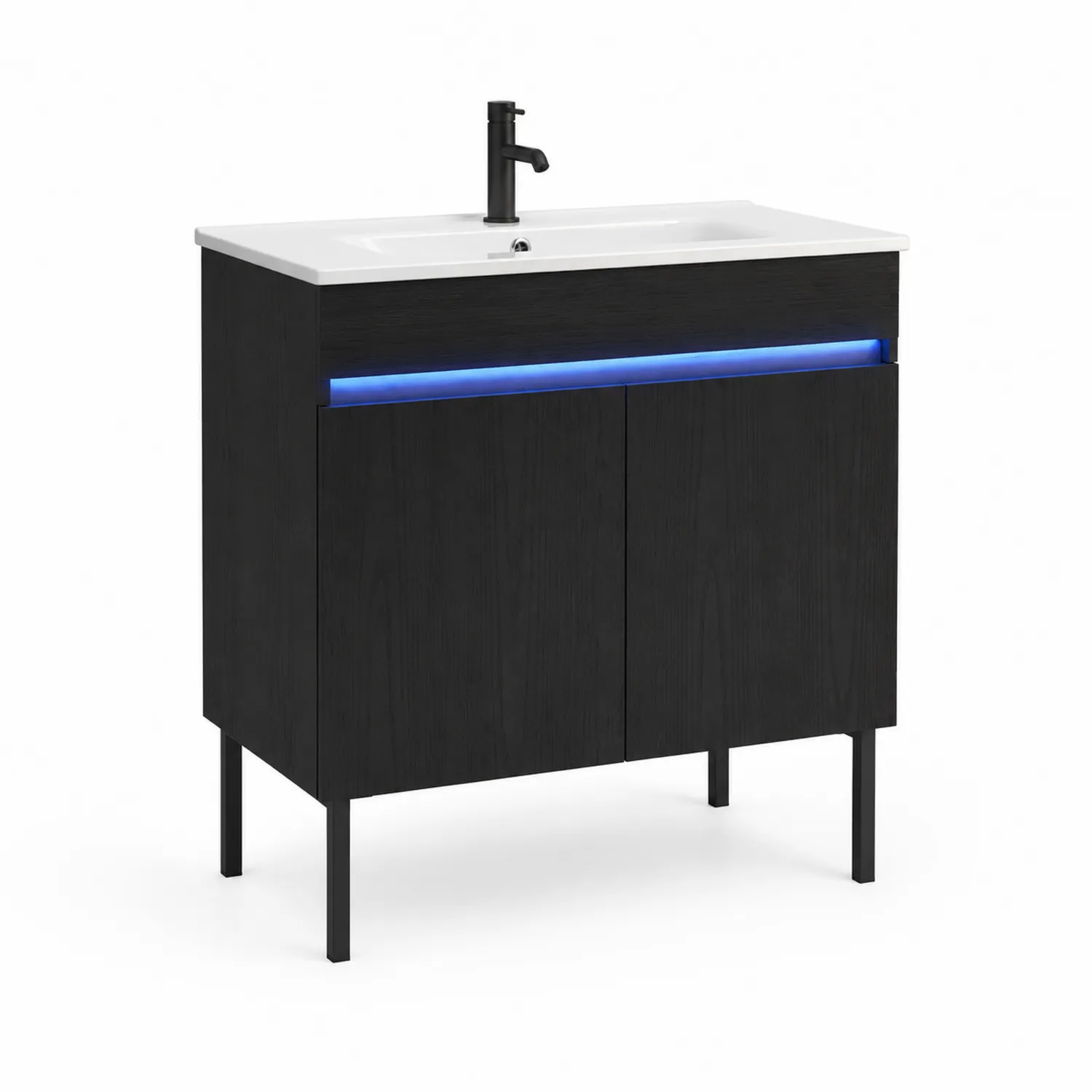 Szafka łazienkowa z blatem ceramicznym i LED czarna 80 cm
