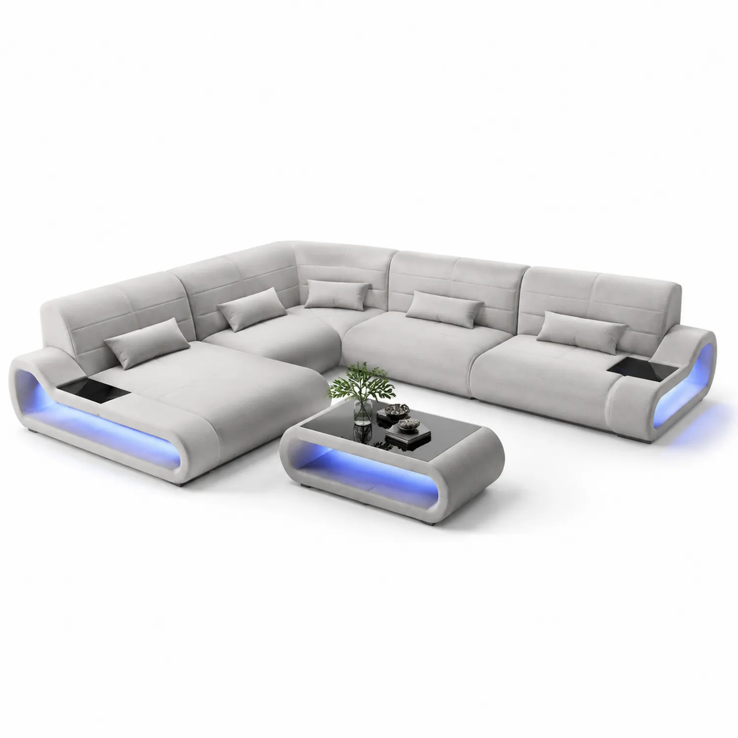 Modułowa sofa narożna z LED i stolikiem kawowym tkanina poliestrowa szara