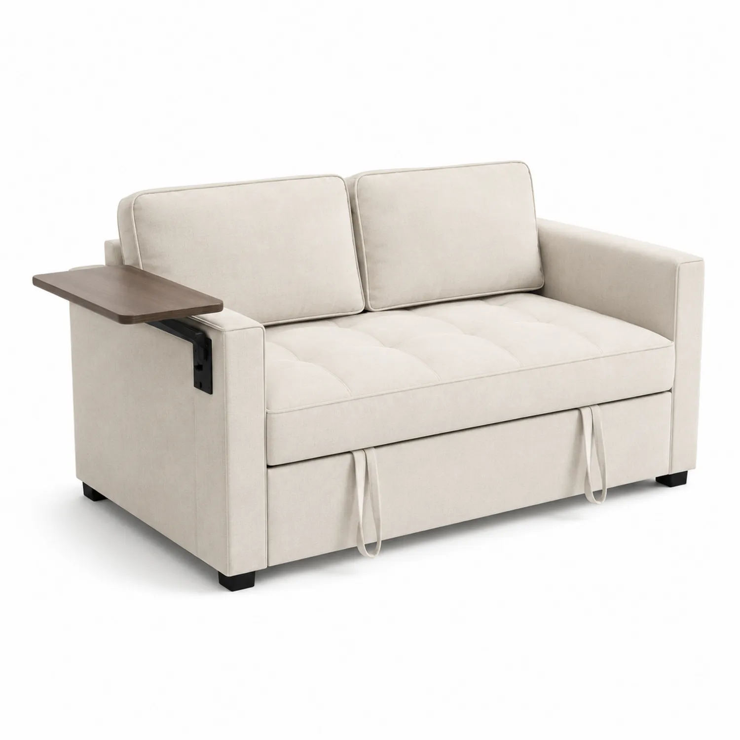 Sofa Dwuosobowa z Drewnianą Półką Beżowa