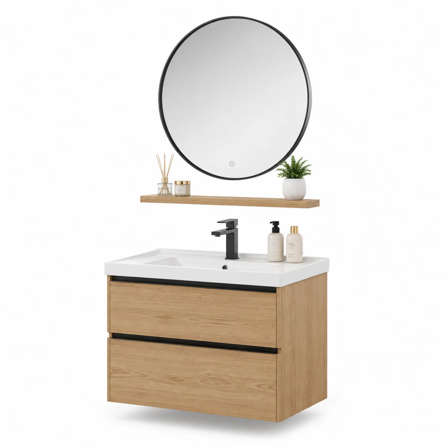 Szafka pod umywalkę z lustrem okrągłym dąb 80 cm