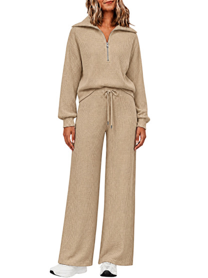 ⏰ LAST DAY SAVE 50% 🔥Women's 2 Piece Sets Waffle Knit Quarter-Zip Sweatshirt & Pants Casual Travel Outfits