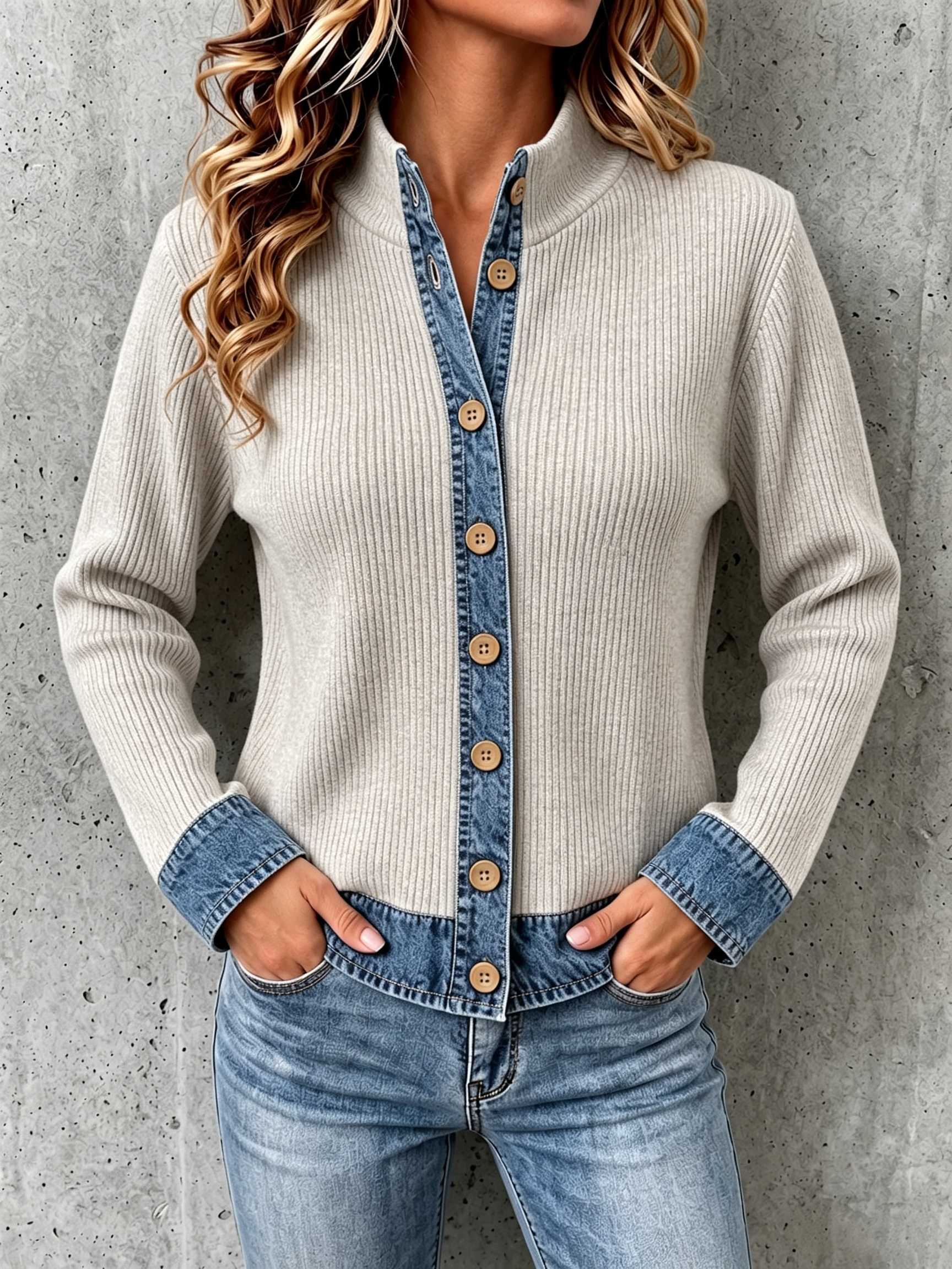 Denim-paneled Knit Cardigan