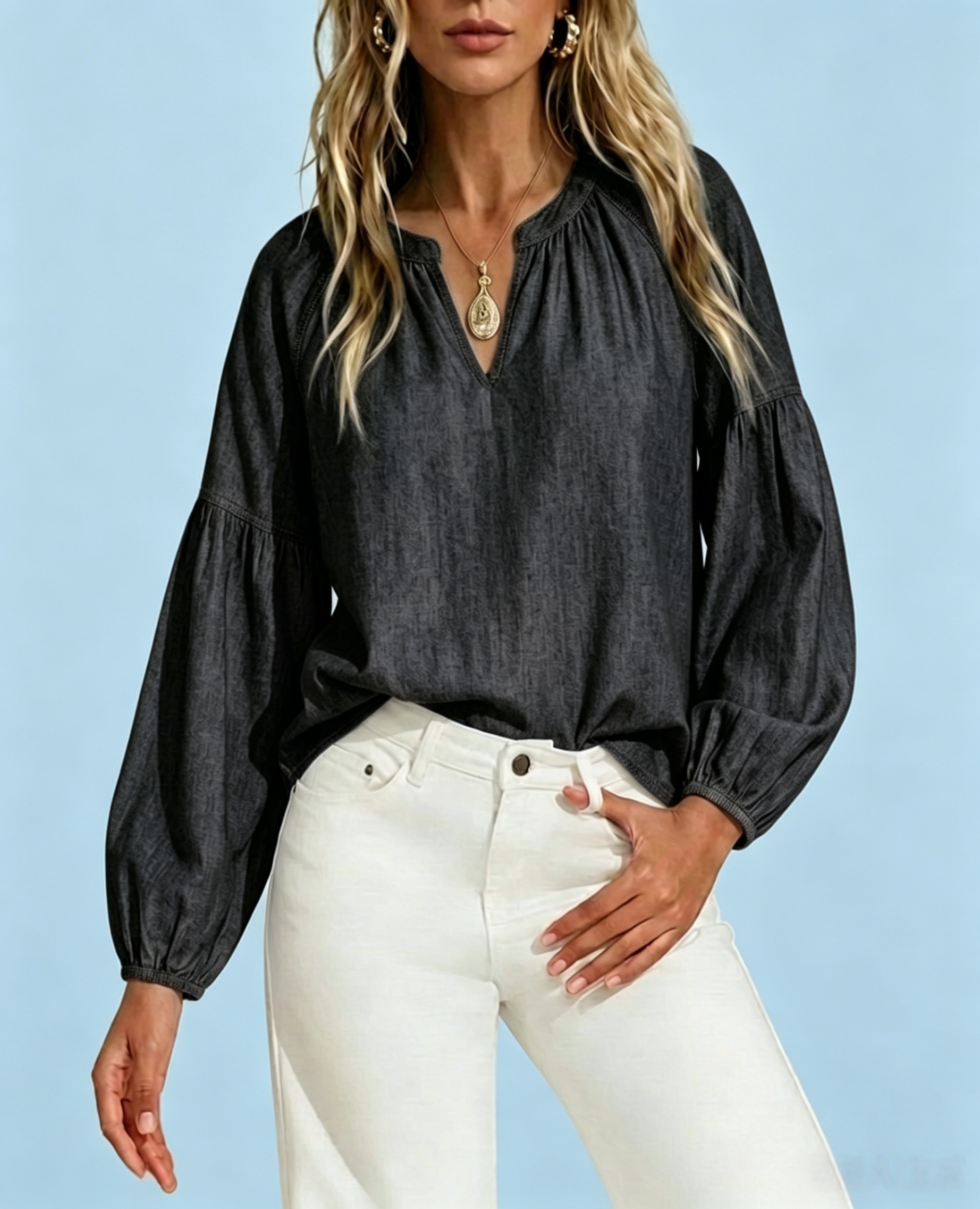 Women's Casual Denim Puff Sleeve Blouse