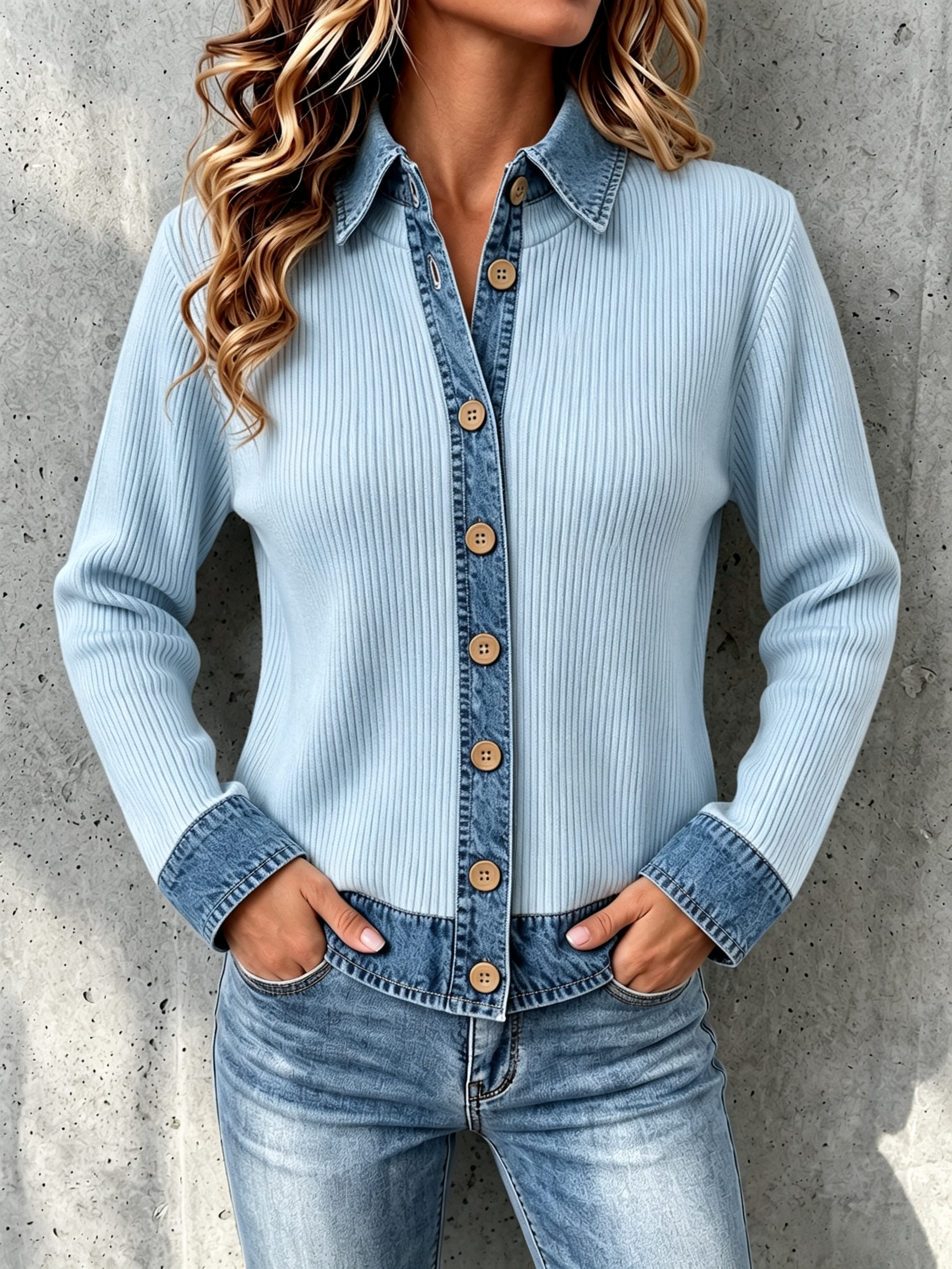 Denim-paneled Knit Cardigan