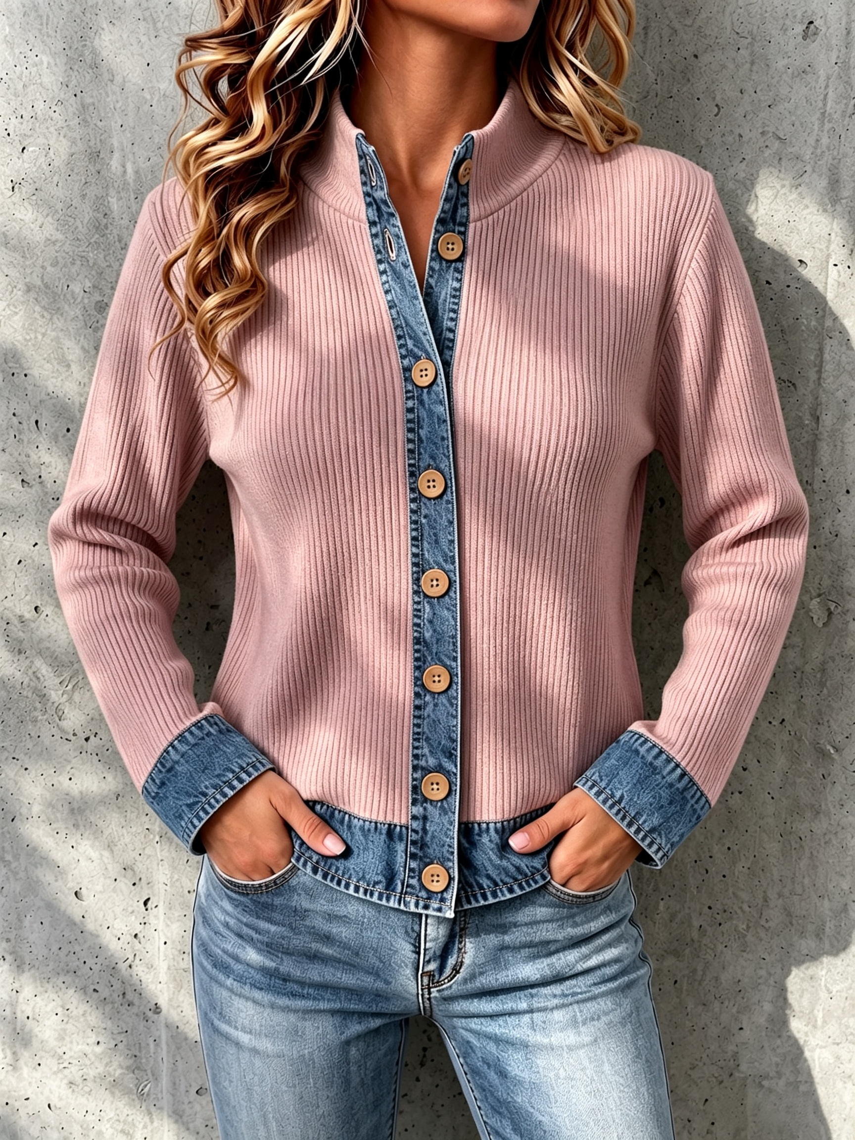 Denim-paneled Knit Cardigan