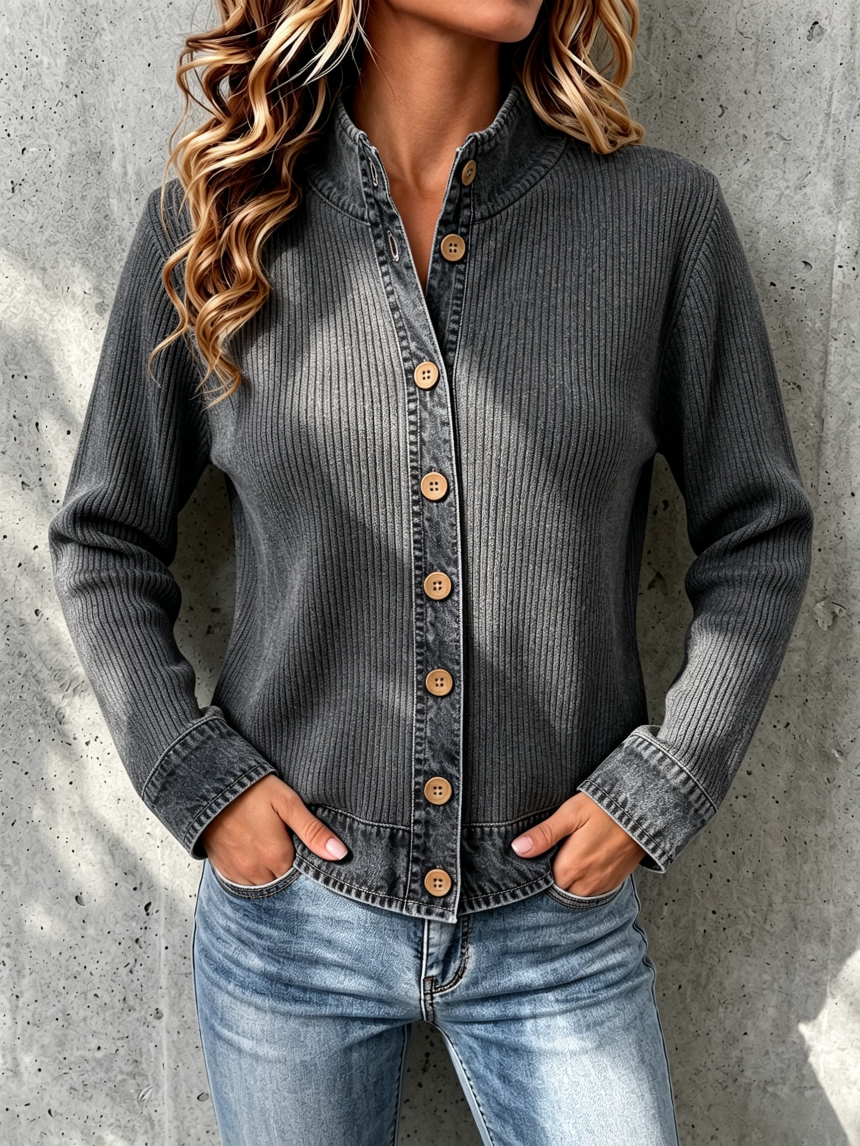 Denim-paneled Knit Cardigan