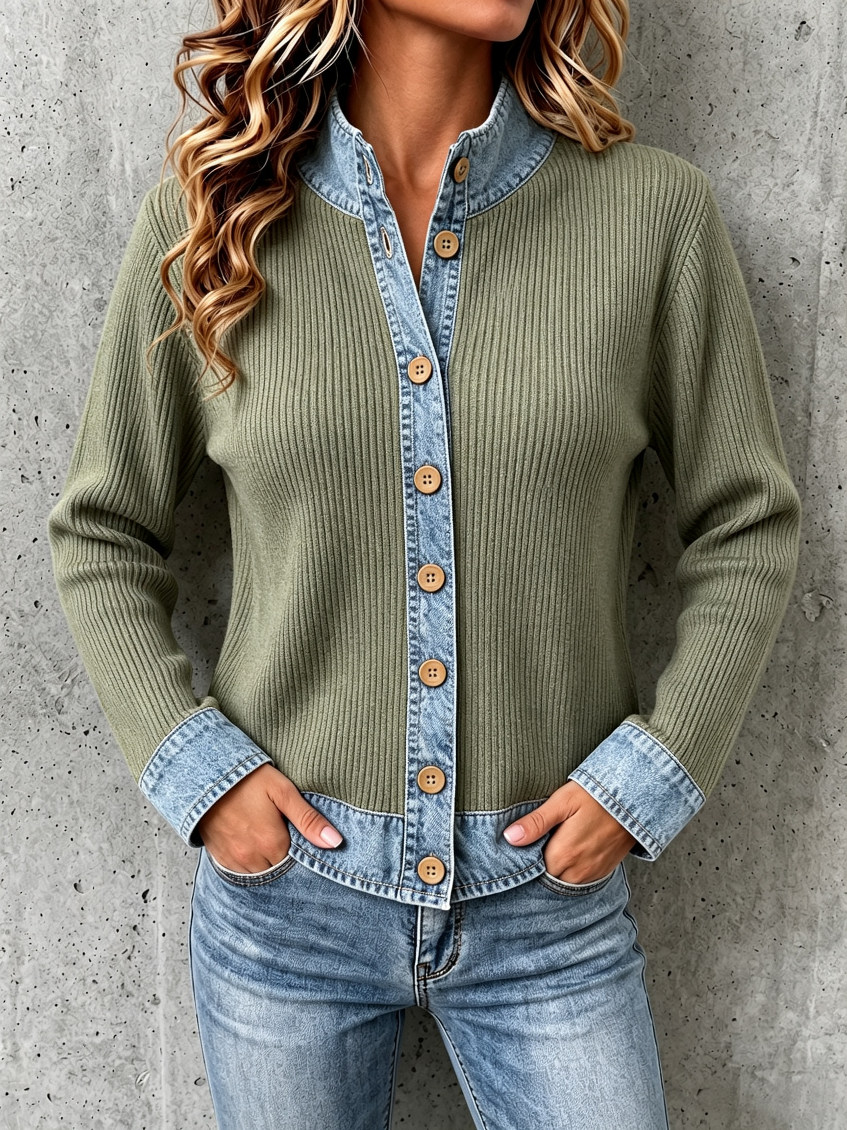 Denim-paneled Knit Cardigan