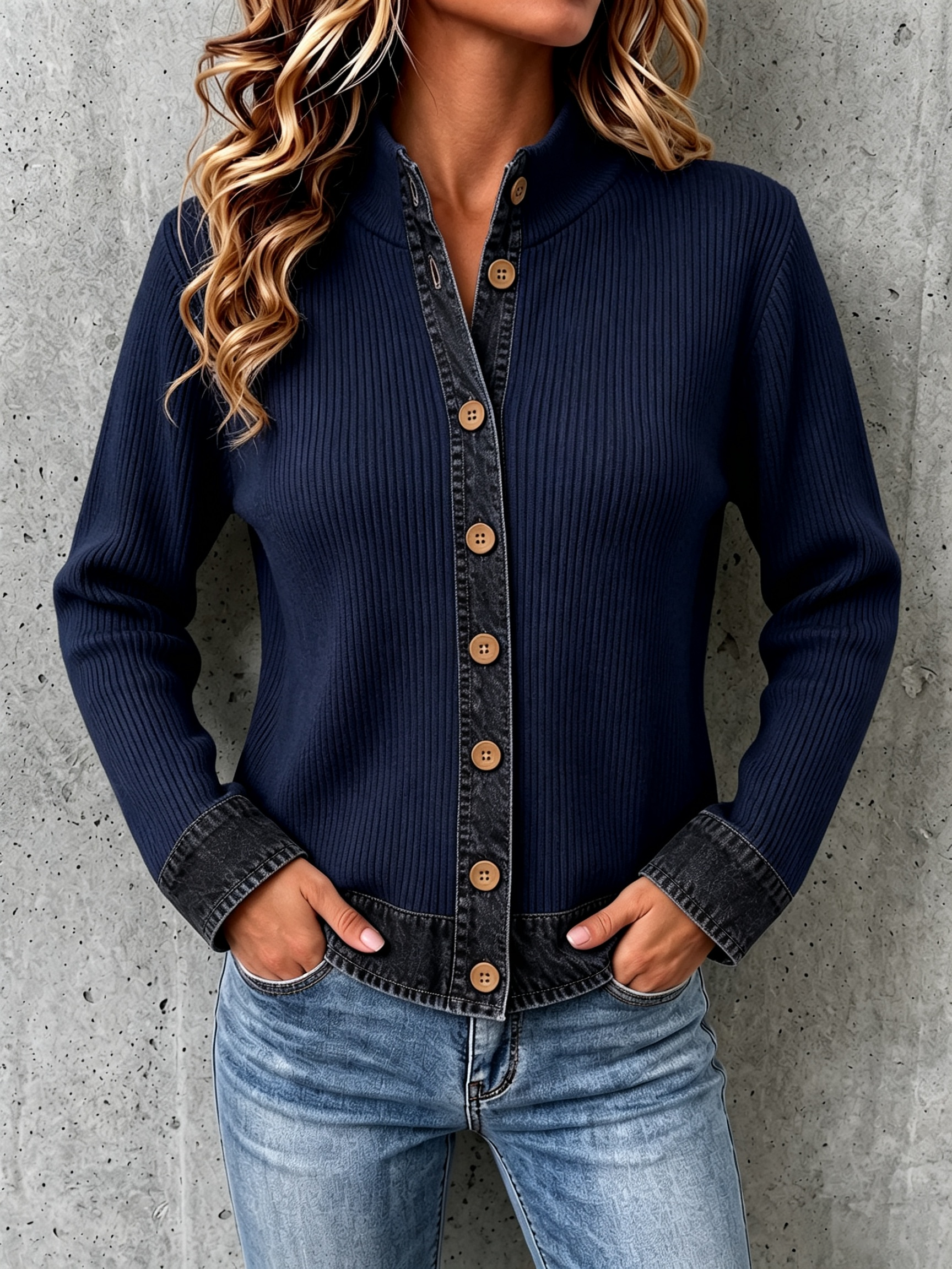 Denim-paneled Knit Cardigan