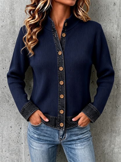 Denim-paneled Knit Cardigan