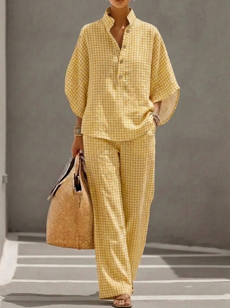 Limited-Time Offer: 49% OFF🔥Women’s Cotton Linen Gingham Henley Two-Piece Set
