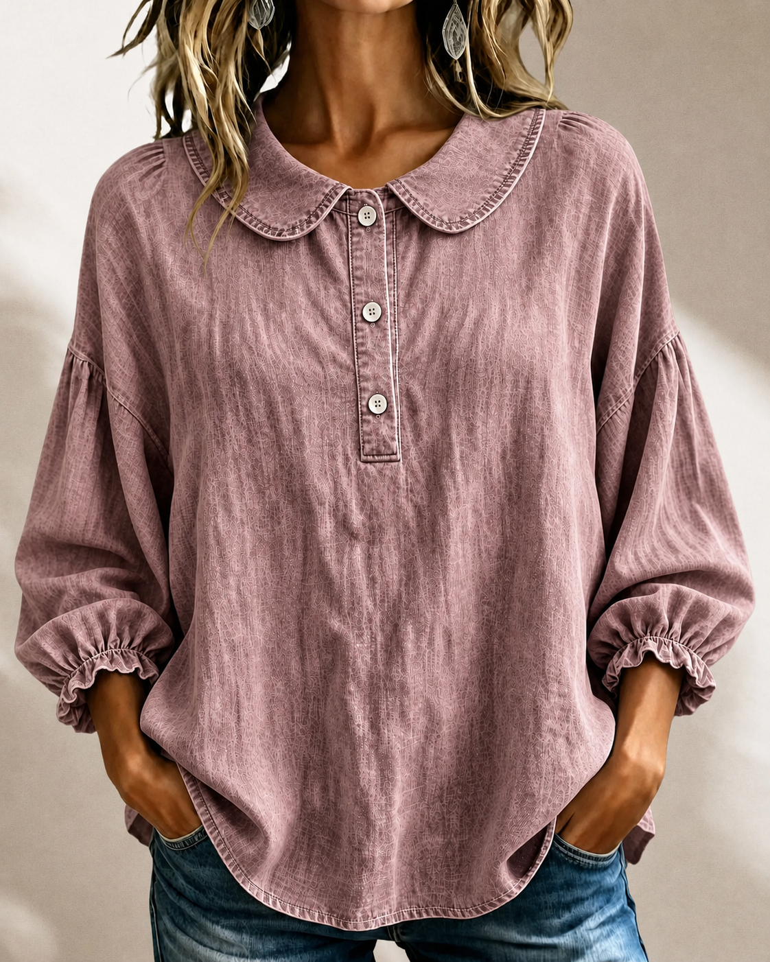 🔥CLEARANCE SALE🔥Women’s Denim Peter-Pan-Collar Three-Quarter Sleeve Top
