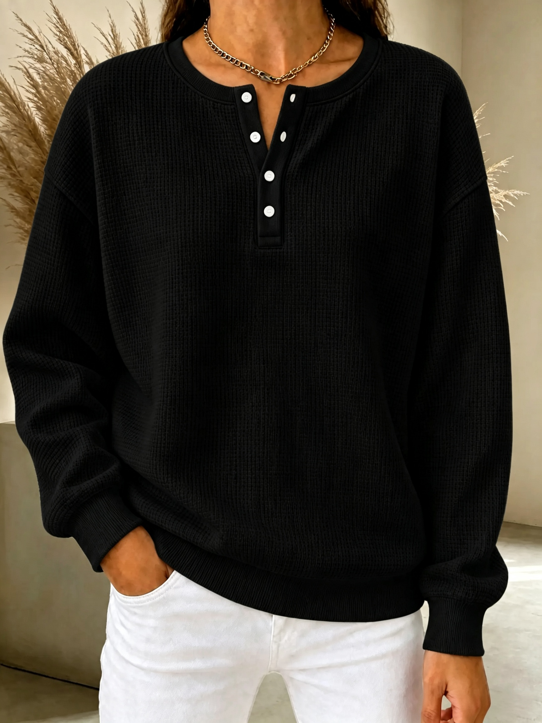 CLEARANCE SALE🔥Women's Waffle Knit Henley Sweatshirt