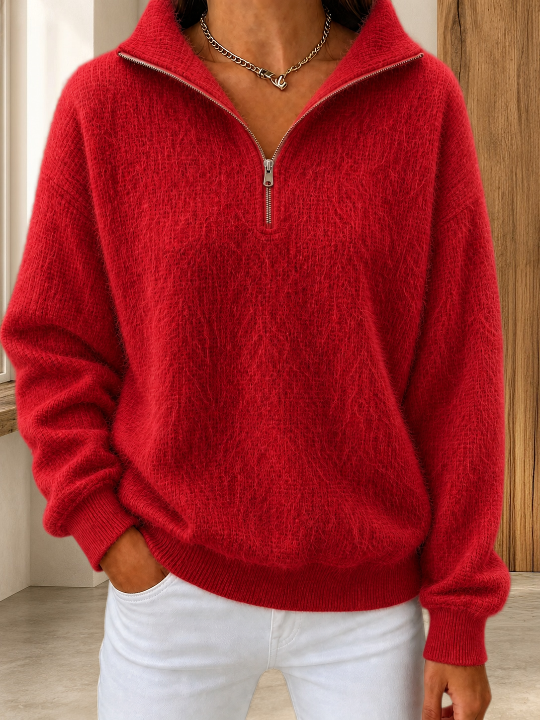 CLEARANCE SALE🔥Women's Fuzzy-Texture Half-Zip Wool Sweater