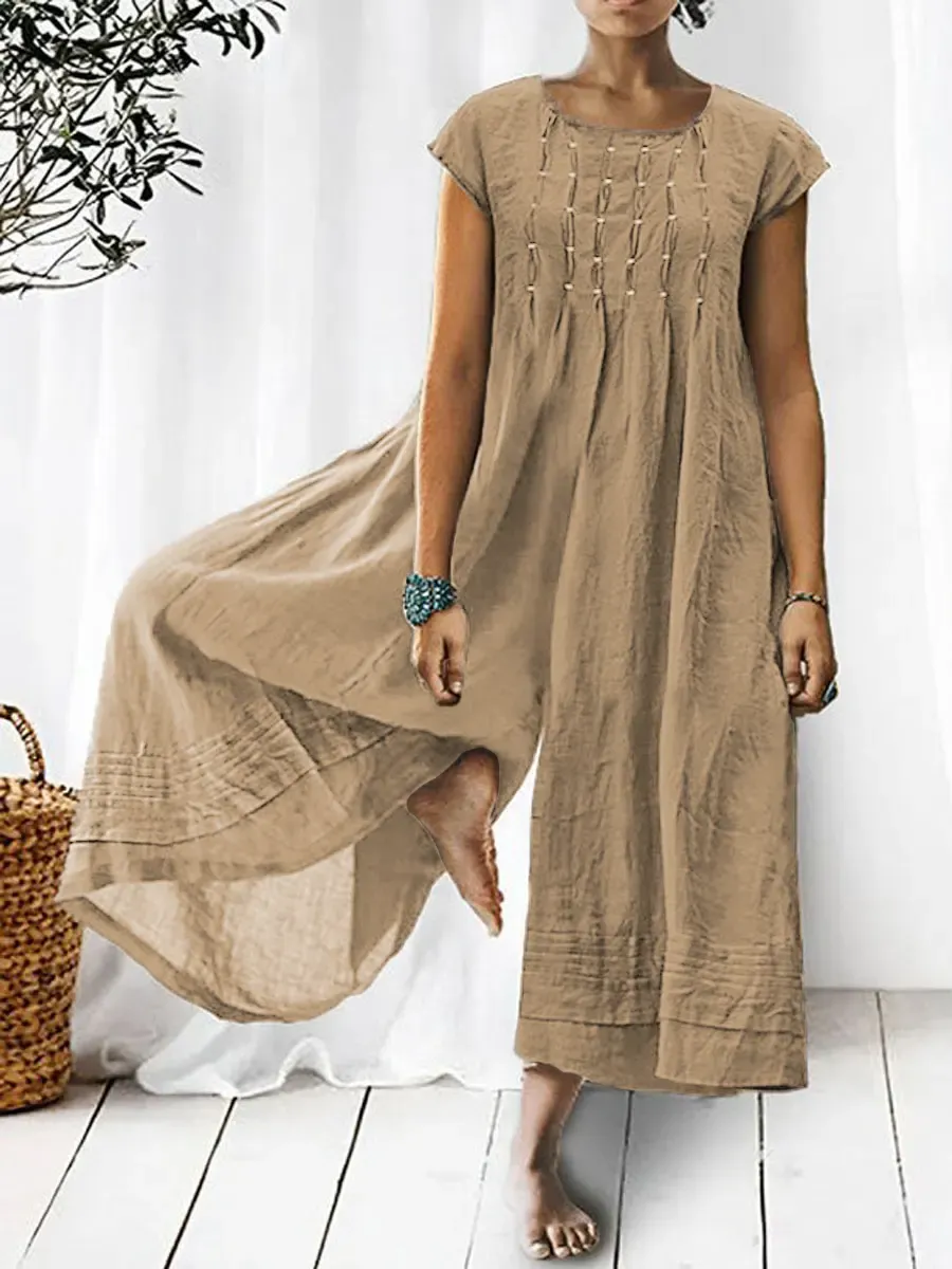 💝💝Women's Solid Color Art Casual Short Sleeve Cotton Linen Jumpsuit