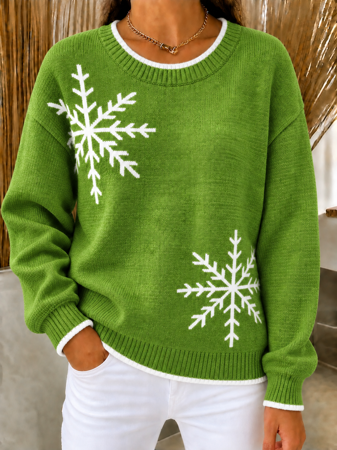 CHRISTMAS SALE🎄Women's Loose Fit Snowflake Crewneck Knit Sweater