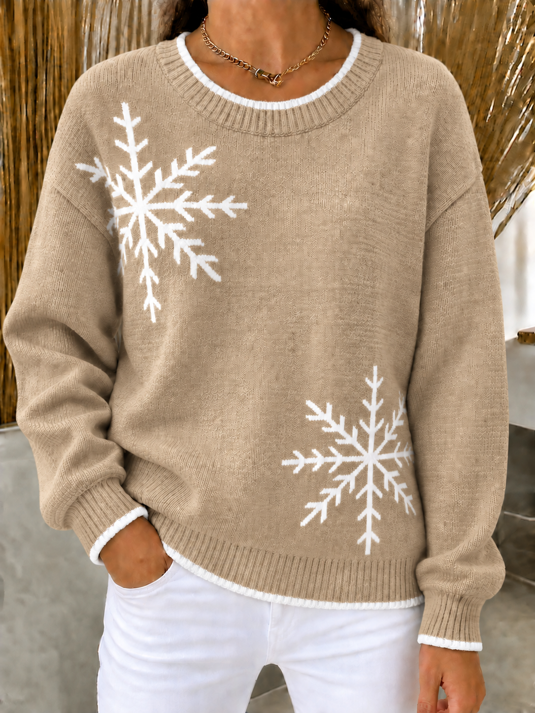 CHRISTMAS SALE🎄Women's Loose Fit Snowflake Crewneck Knit Sweater