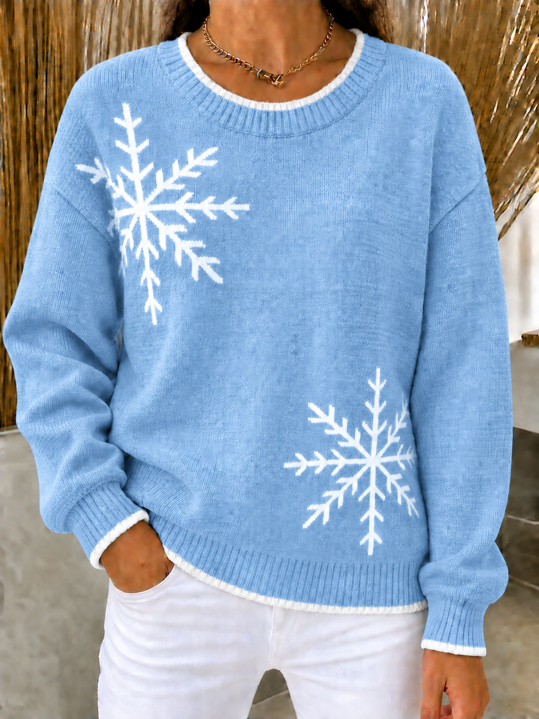 CHRISTMAS SALE🎄Women's Loose Fit Snowflake Crewneck Knit Sweater