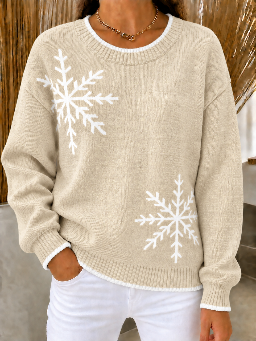 CHRISTMAS SALE🎄Women's Loose Fit Snowflake Crewneck Knit Sweater
