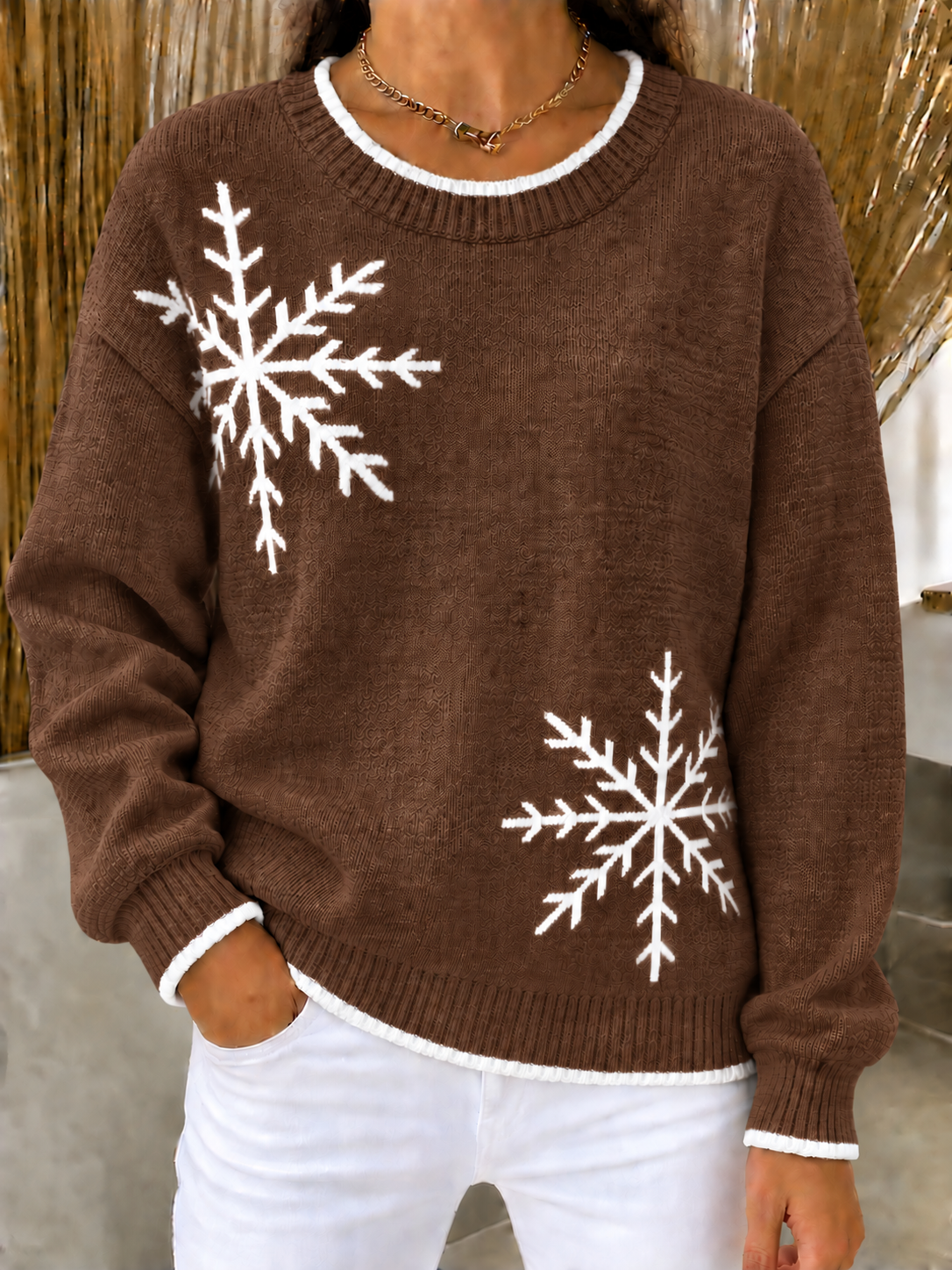 CHRISTMAS SALE🎄Women's Loose Fit Snowflake Crewneck Knit Sweater