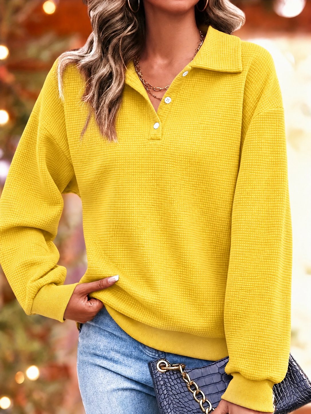 CHRISTMAS SALE🎄Women's Waffle Knit Lapel Collar Button Sweatshirt