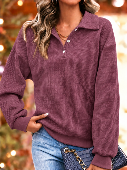 CHRISTMAS SALE🎄Women's Waffle Knit Lapel Collar Button Sweatshirt